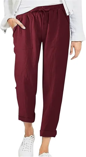 Plus Size Cotton Pants for Women Linen Blend Plus Size Drawstring Pants Folded Hem Lightweight Summer Pants