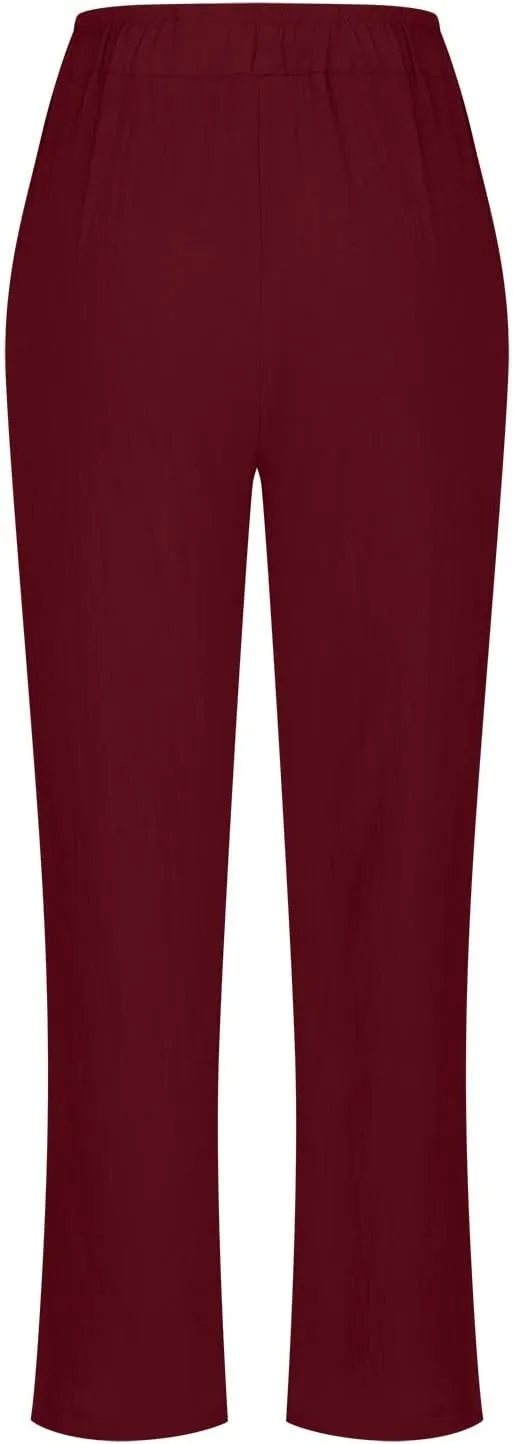 Plus Size Cotton Pants for Women Linen Blend Plus Size Drawstring Pants Folded Hem Lightweight Summer Pants