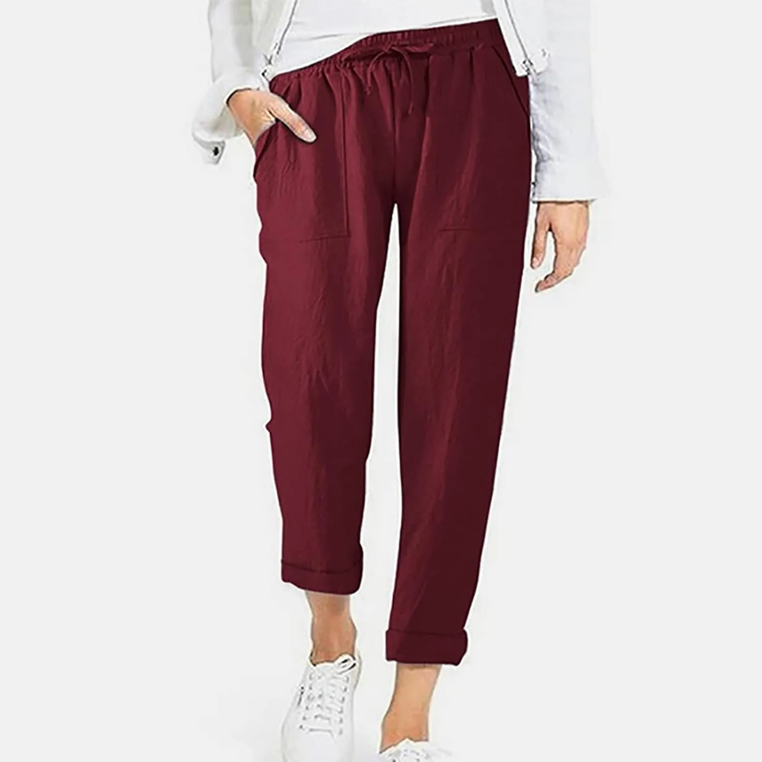 Plus Size Cotton Pants for Women Linen Blend Plus Size Drawstring Pants Folded Hem Lightweight Summer Pants