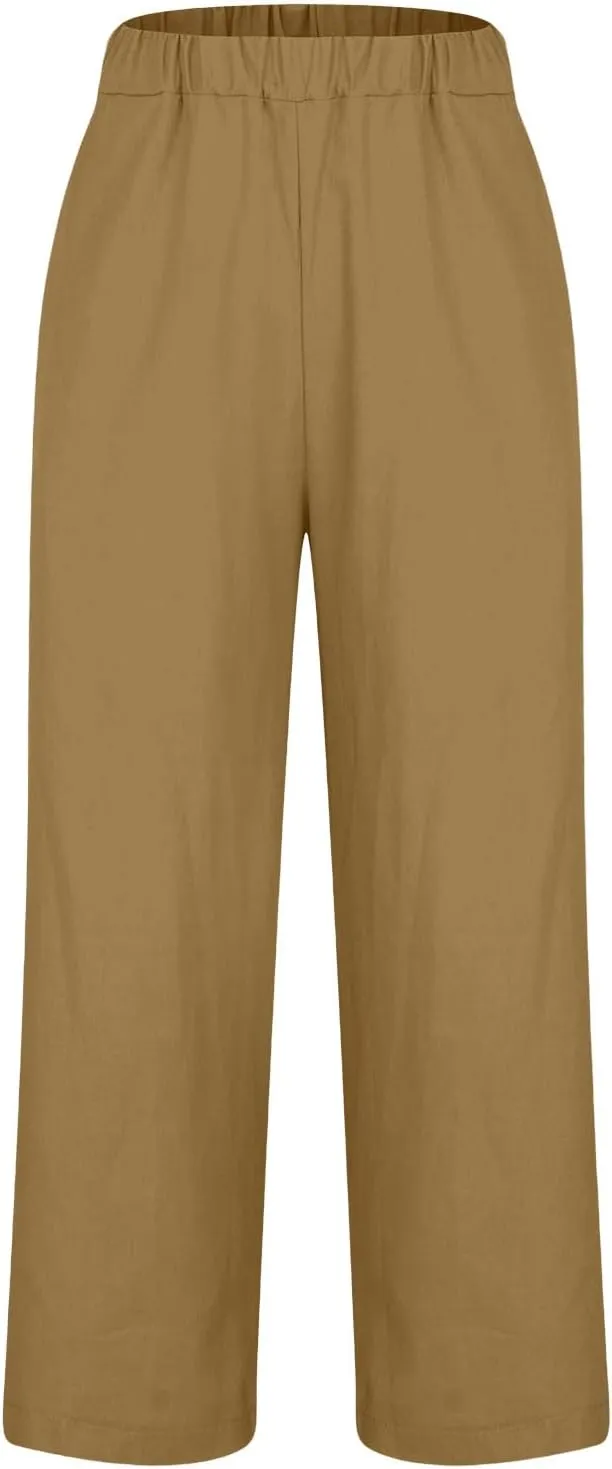 Plus Size Linen Pants for Women Casual Elastic High Waist Wide Leg Pant Lightweight Straight Trousers with Pockets