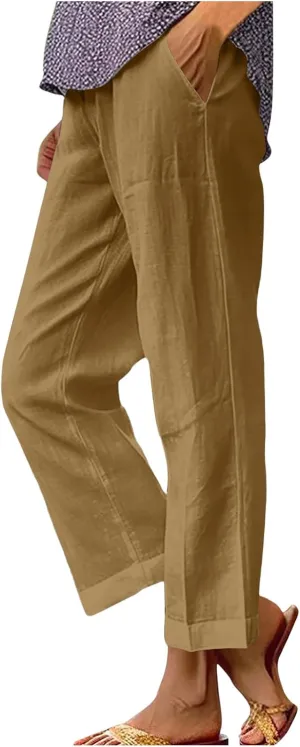 Plus Size Linen Pants for Women Casual Elastic High Waist Wide Leg Pant Lightweight Straight Trousers with Pockets