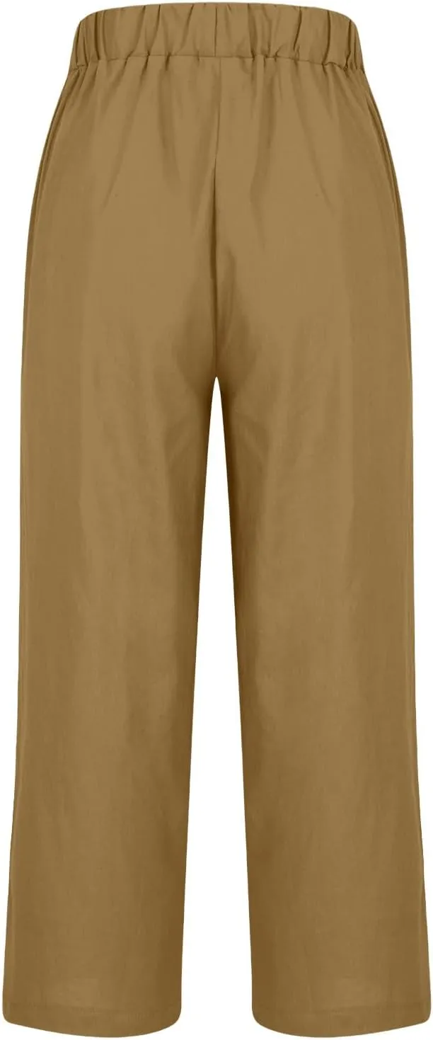 Plus Size Linen Pants for Women Casual Elastic High Waist Wide Leg Pant Lightweight Straight Trousers with Pockets