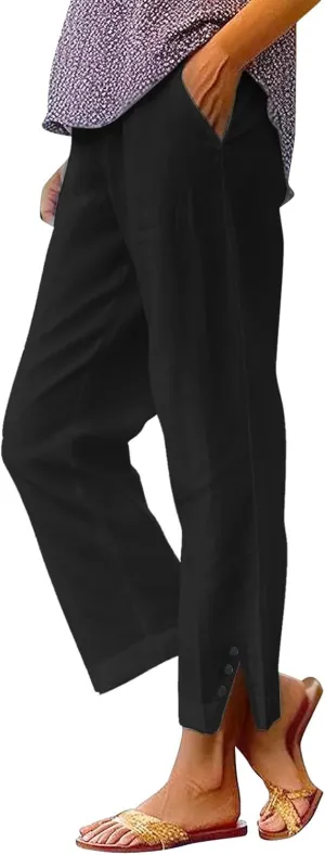 Plus Size Linen Pants for Women High Waisted Drawstring Cropped Capri Pants Casual Summer Work Pants Trousers 2025
