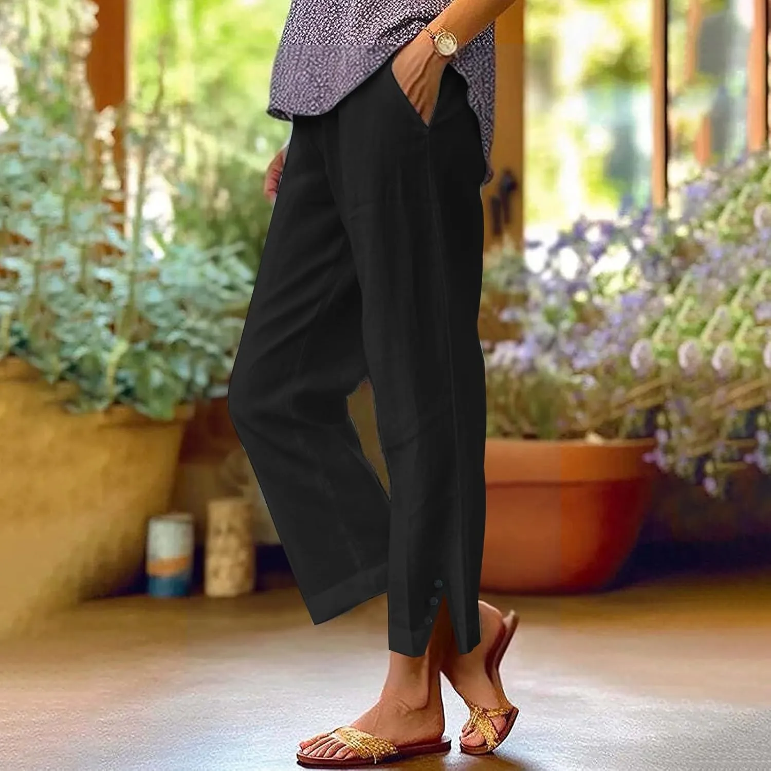Plus Size Linen Pants for Women High Waisted Drawstring Cropped Capri Pants Casual Summer Work Pants Trousers 2025