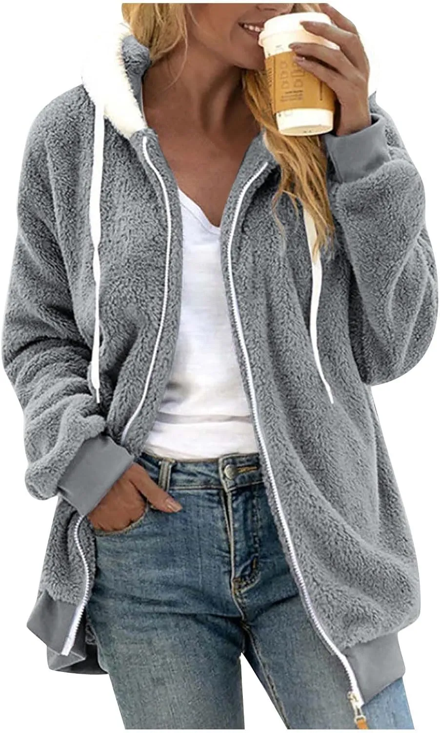Plus Size Winter Coats For Women Full Zip Oversized Fleece Sherpa Jacket Drawstring Fuzzy Hooded Outerwear w/Pockets