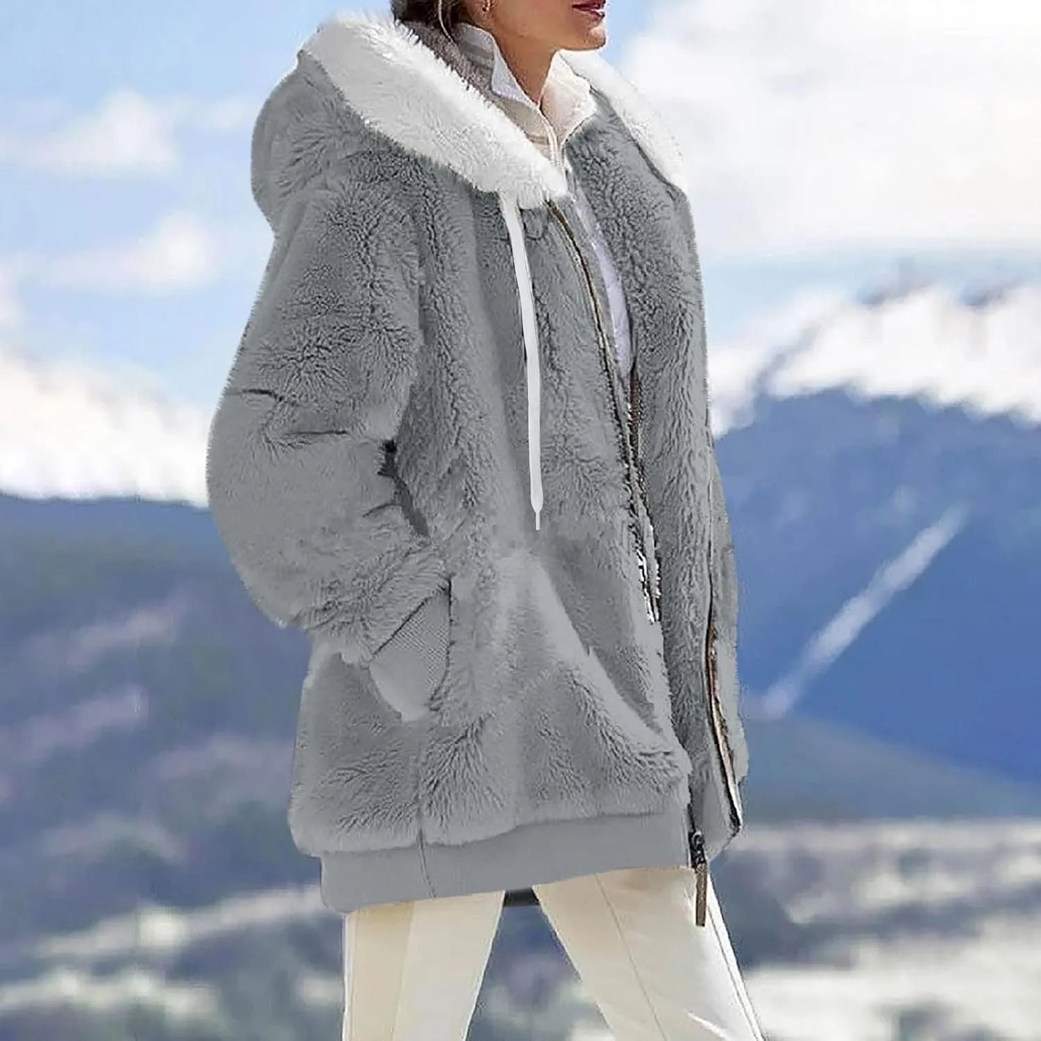 Plus Size Winter Coats For Women Full Zip Oversized Fleece Sherpa Jacket Drawstring Fuzzy Hooded Outerwear w/Pockets