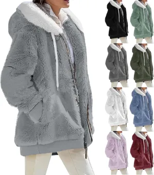 Plus Size Winter Coats For Women Full Zip Oversized Fleece Sherpa Jacket Drawstring Fuzzy Hooded Outerwear w/Pockets