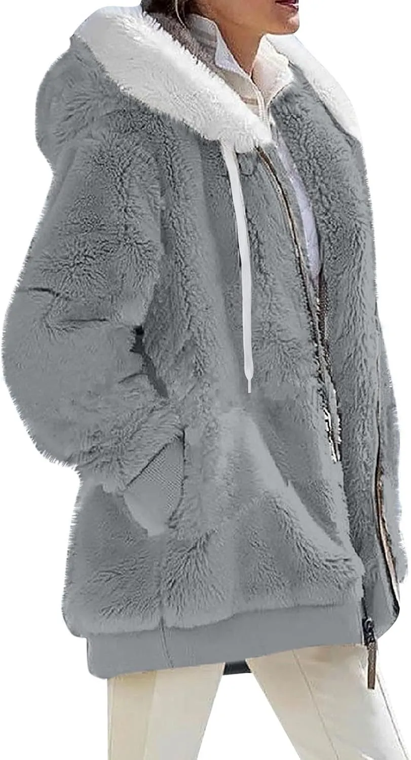 Plus Size Winter Coats For Women Full Zip Oversized Fleece Sherpa Jacket Drawstring Fuzzy Hooded Outerwear w/Pockets
