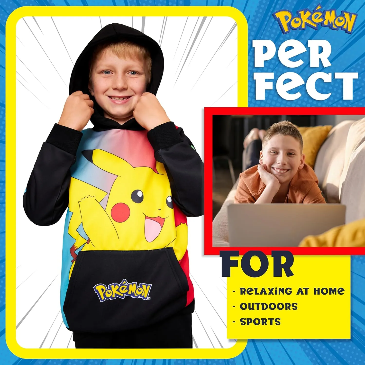 Pokemon Hoodie for Boys & Teens Hooded Sweatshirt Warm Anime Pikachu Sweater