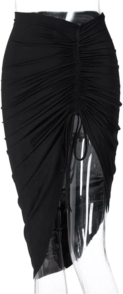 PRIMODA Women's Asymmetrical Bodycon Drawstring Ruched Midi Skirt with Thigh High Slit