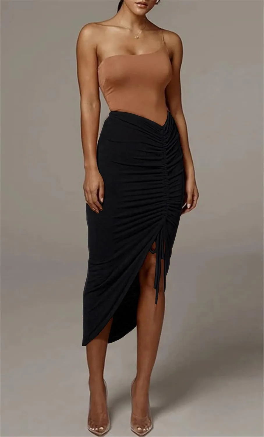 PRIMODA Women's Asymmetrical Bodycon Drawstring Ruched Midi Skirt with Thigh High Slit