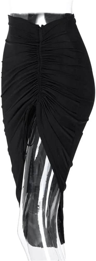PRIMODA Women's Asymmetrical Bodycon Drawstring Ruched Midi Skirt with Thigh High Slit