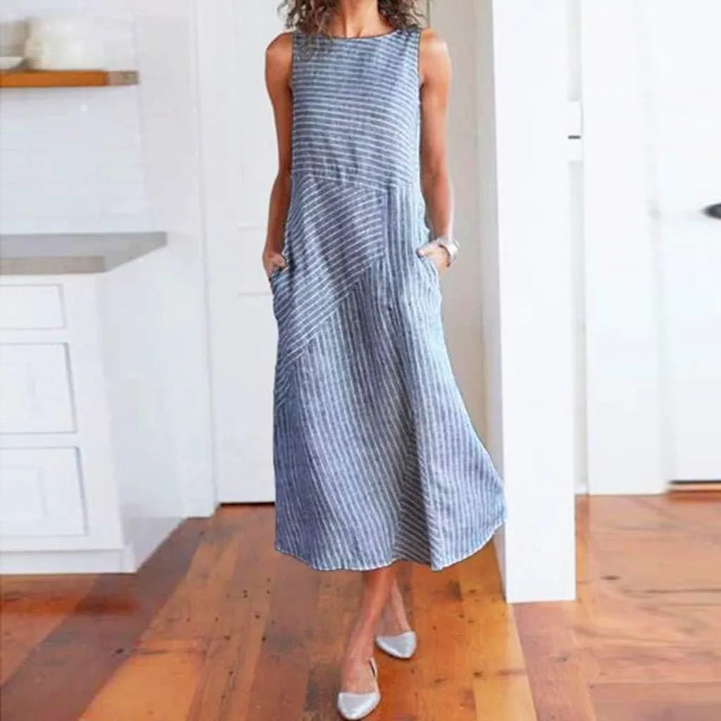 PTOLOCIF Linen Dress for Women, 2024 Summer Trendy Plain Maxi Dress Plus Size Cotton Linen Dress Crewneck Sleeveless Sundress