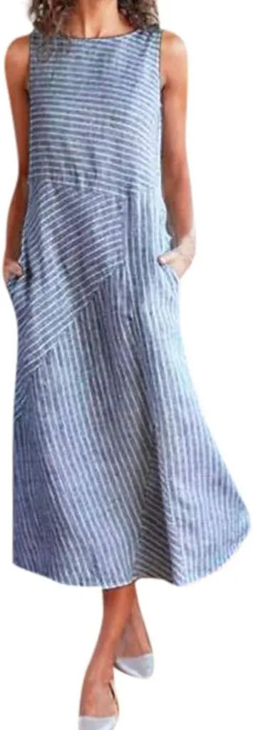 PTOLOCIF Linen Dress for Women, 2024 Summer Trendy Plain Maxi Dress Plus Size Cotton Linen Dress Crewneck Sleeveless Sundress
