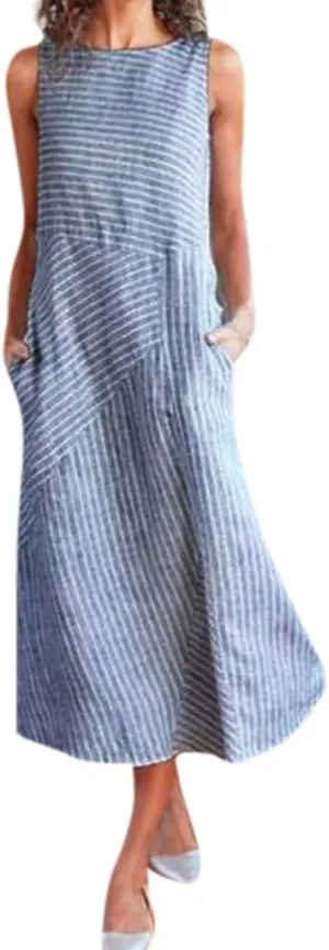 PTOLOCIF Linen Dress for Women, 2024 Summer Trendy Plain Maxi Dress Plus Size Cotton Linen Dress Crewneck Sleeveless Sundress