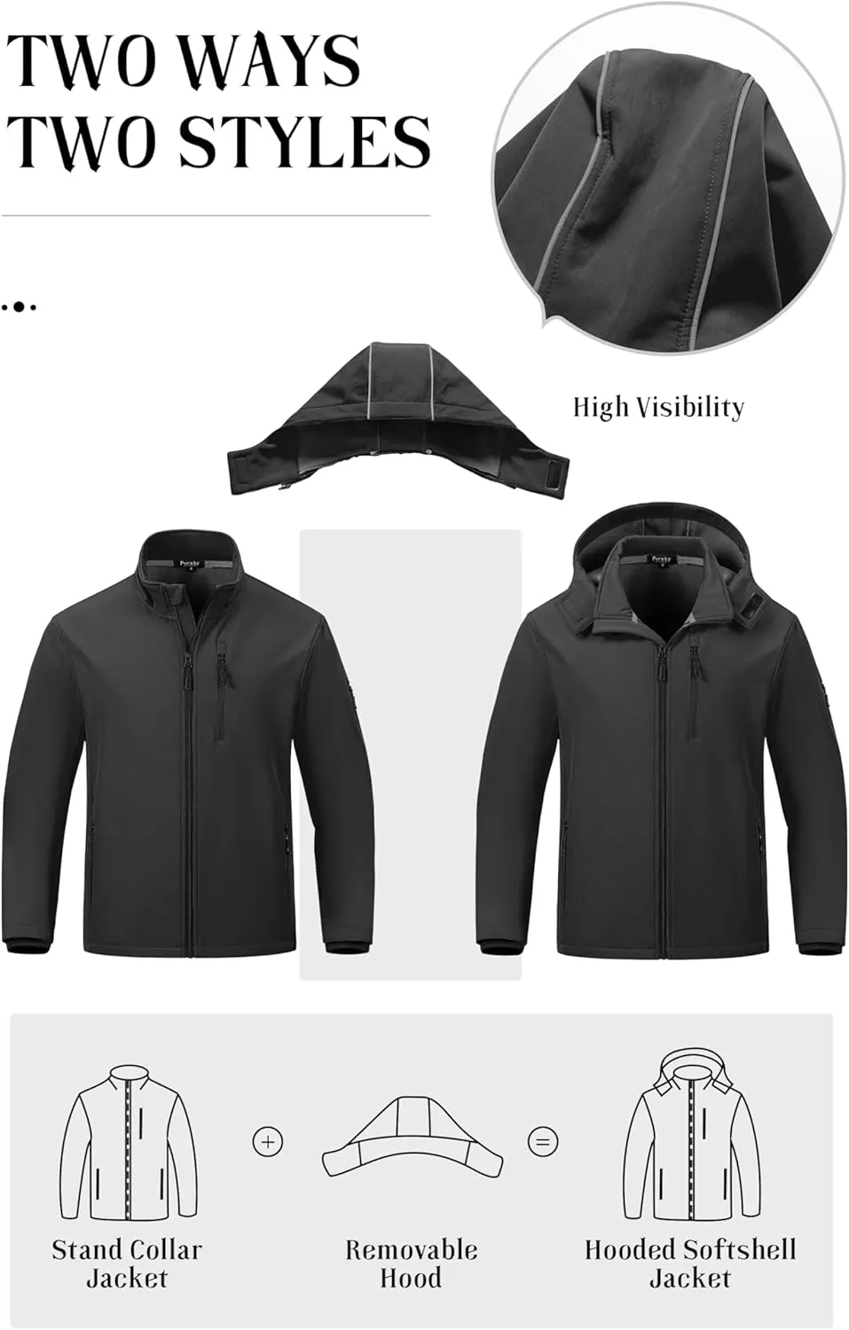 Pursky Men's Softshell Jacket Waterproof Fleece Lined Windbreaker With Removable Hood Lightweight Tactical Jacket