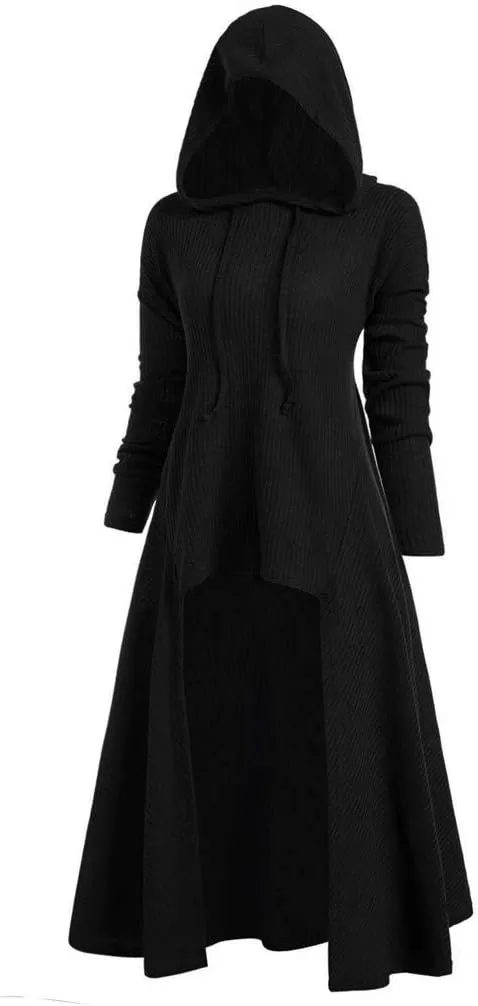Renaissance Costume Women Hooded Cloak Dress Plus Size Long Sleeve Medieval Gothic High Low Cape Dress Sweatshirts