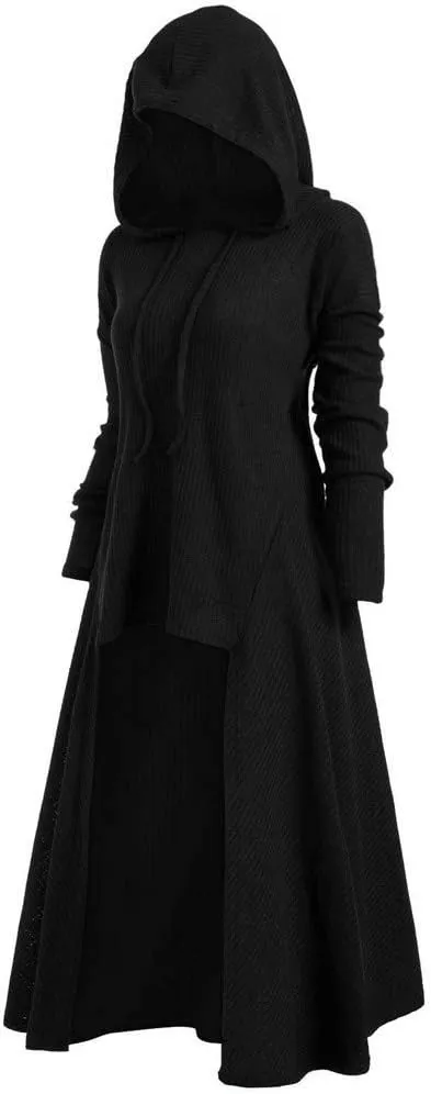 Renaissance Costume Women Hooded Cloak Dress Plus Size Long Sleeve Medieval Gothic High Low Cape Dress Sweatshirts