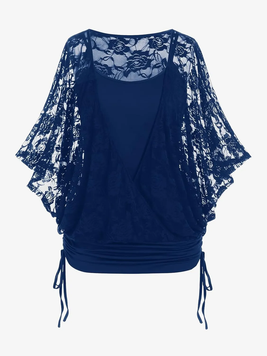 Rosegal Women Plus Size Cinched Ruched Batwing Sleeves Lace 2 in 1 Tee Blouson Top