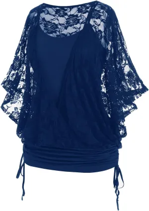 Rosegal Women Plus Size Cinched Ruched Batwing Sleeves Lace 2 in 1 Tee Blouson Top
