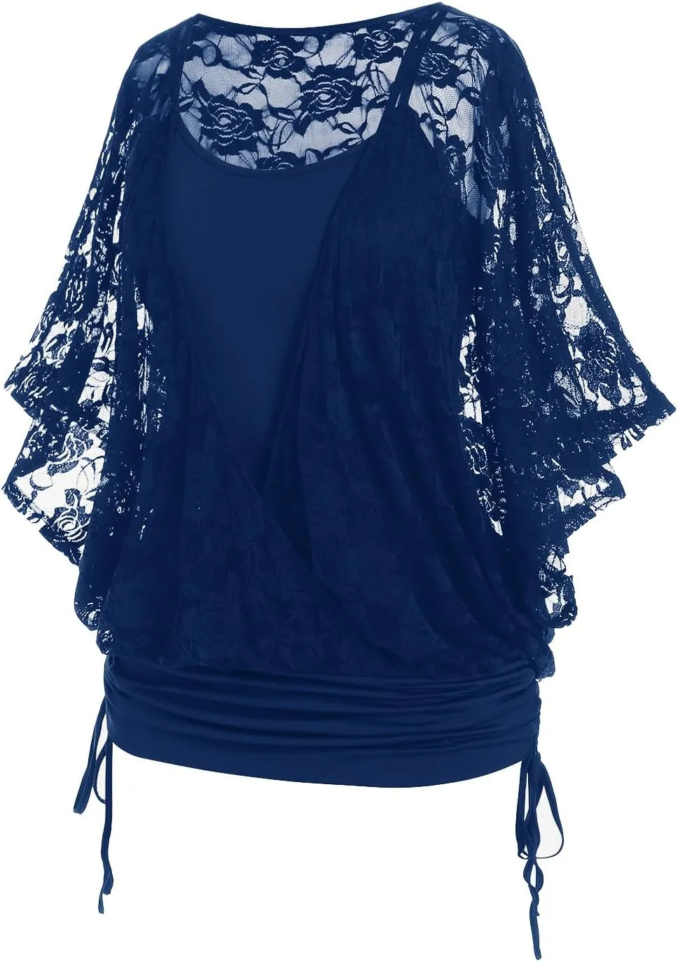 Rosegal Women Plus Size Cinched Ruched Batwing Sleeves Lace 2 in 1 Tee Blouson Top