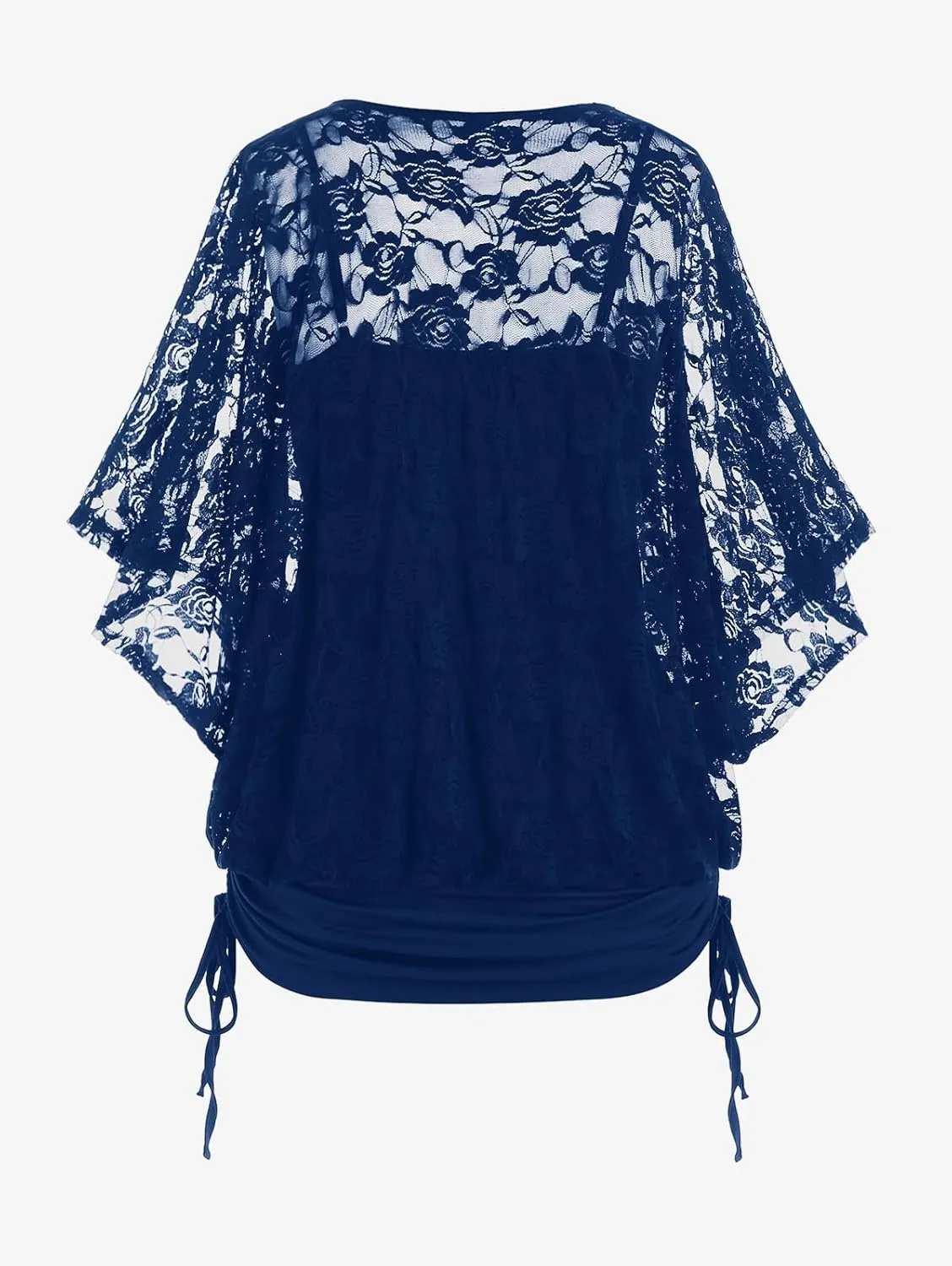 Rosegal Women Plus Size Cinched Ruched Batwing Sleeves Lace 2 in 1 Tee Blouson Top