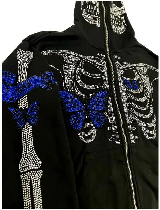 Sastianaen Women Rhinestone Hoodie Oversized Zip up Sweatshirts Long Sleeve Drawstring Coat Gothic Harajuk Pullover