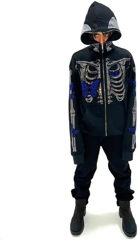 Sastianaen Women Rhinestone Hoodie Oversized Zip up Sweatshirts Long Sleeve Drawstring Coat Gothic Harajuk Pullover