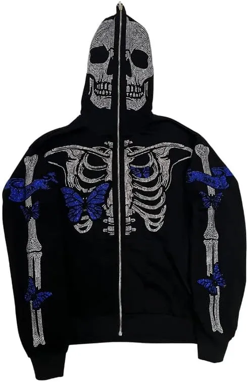 Sastianaen Women Rhinestone Hoodie Oversized Zip up Sweatshirts Long Sleeve Drawstring Coat Gothic Harajuk Pullover
