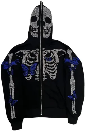 Sastianaen Women Rhinestone Hoodie Oversized Zip up Sweatshirts Long Sleeve Drawstring Coat Gothic Harajuk Pullover
