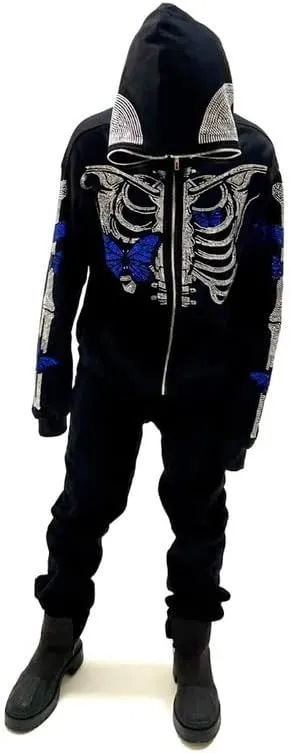 Sastianaen Women Rhinestone Hoodie Oversized Zip up Sweatshirts Long Sleeve Drawstring Coat Gothic Harajuk Pullover