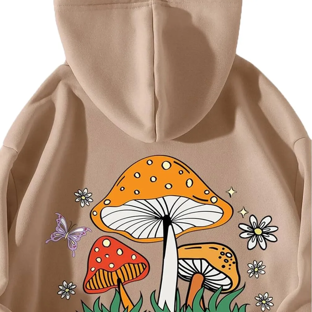 Sdencin Women Mushroom Graphic Letter Print Oversized Fleece Hoodie Long Sleeve Casual Hooded Sweatshirt Pullover Tops