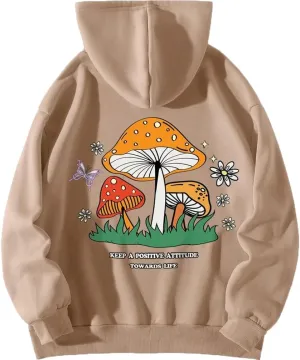 Sdencin Women Mushroom Graphic Letter Print Oversized Fleece Hoodie Long Sleeve Casual Hooded Sweatshirt Pullover Tops
