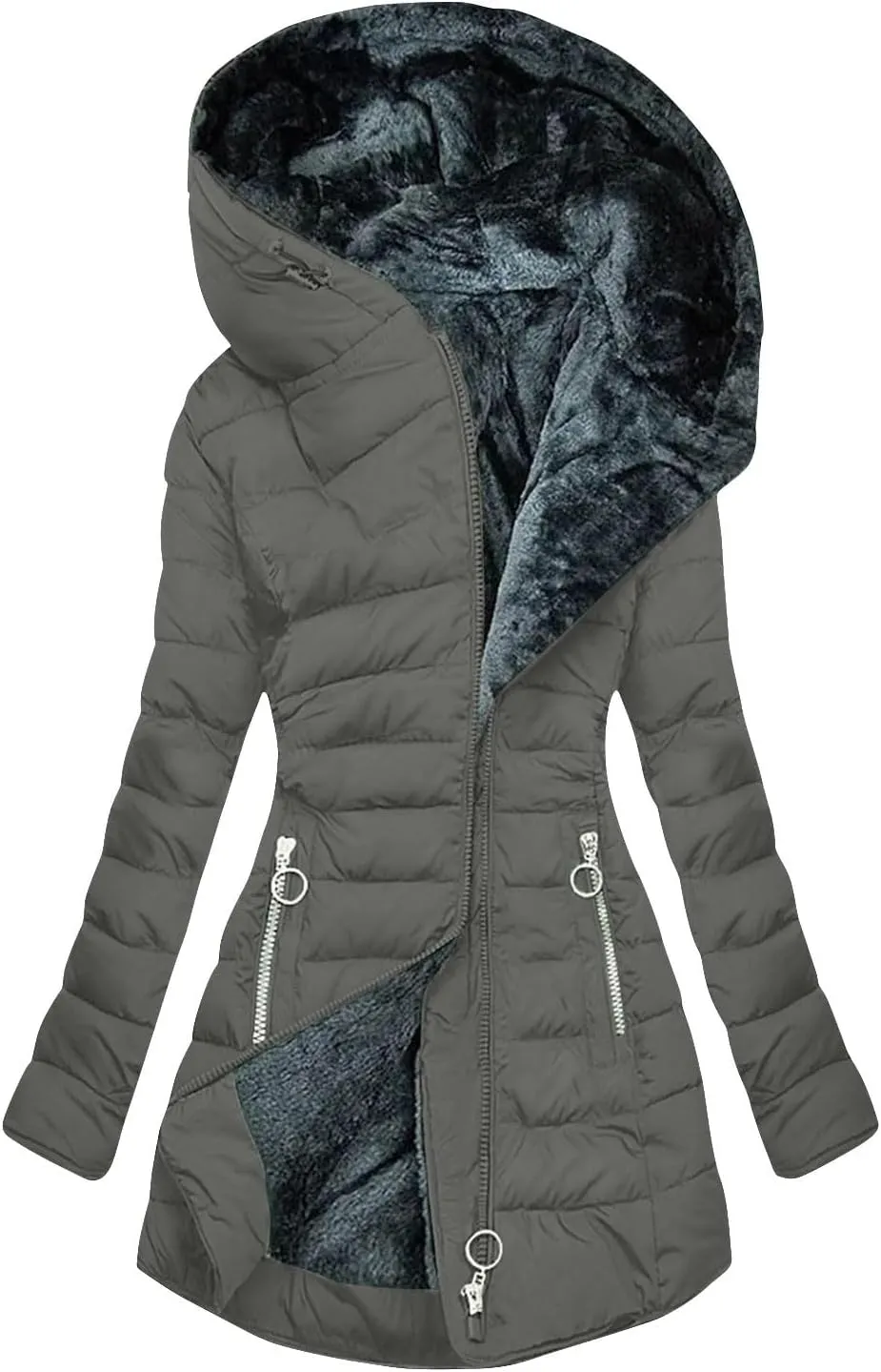 Sherpa Lined Hoodie Women, Solid Zip Up Warm Puffer Overcoats Thick Long Sleeve Outerwear Casual Warm Down Jacket