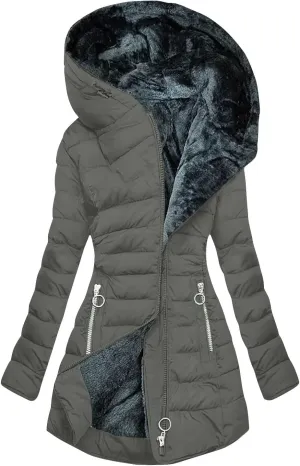 Sherpa Lined Hoodie Women, Solid Zip Up Warm Puffer Overcoats Thick Long Sleeve Outerwear Casual Warm Down Jacket