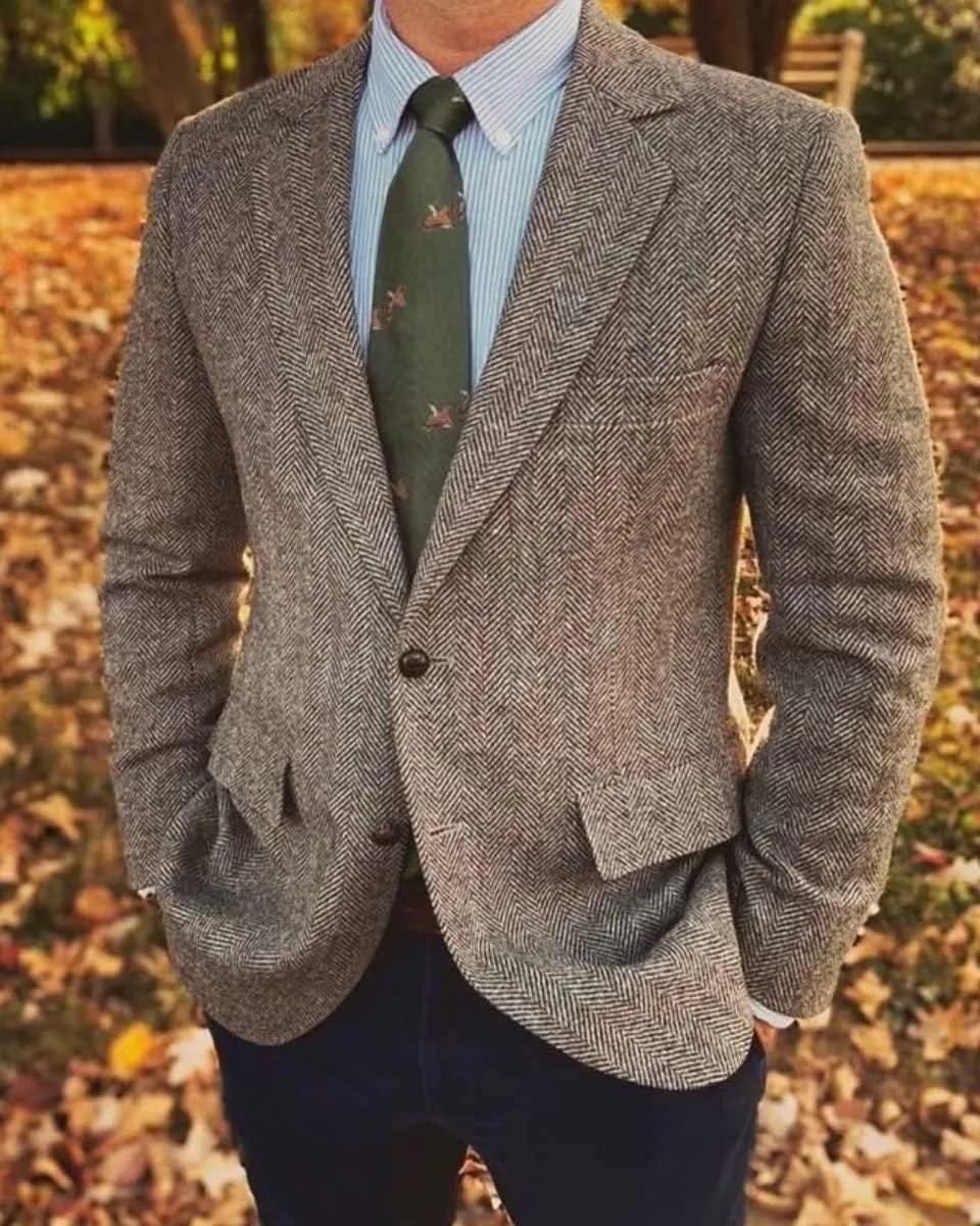 SHUZHXLZANGY Tweed Blazer Men Sport Coats and Blazers for Men Slim Fit Herringbone Suit Jacket