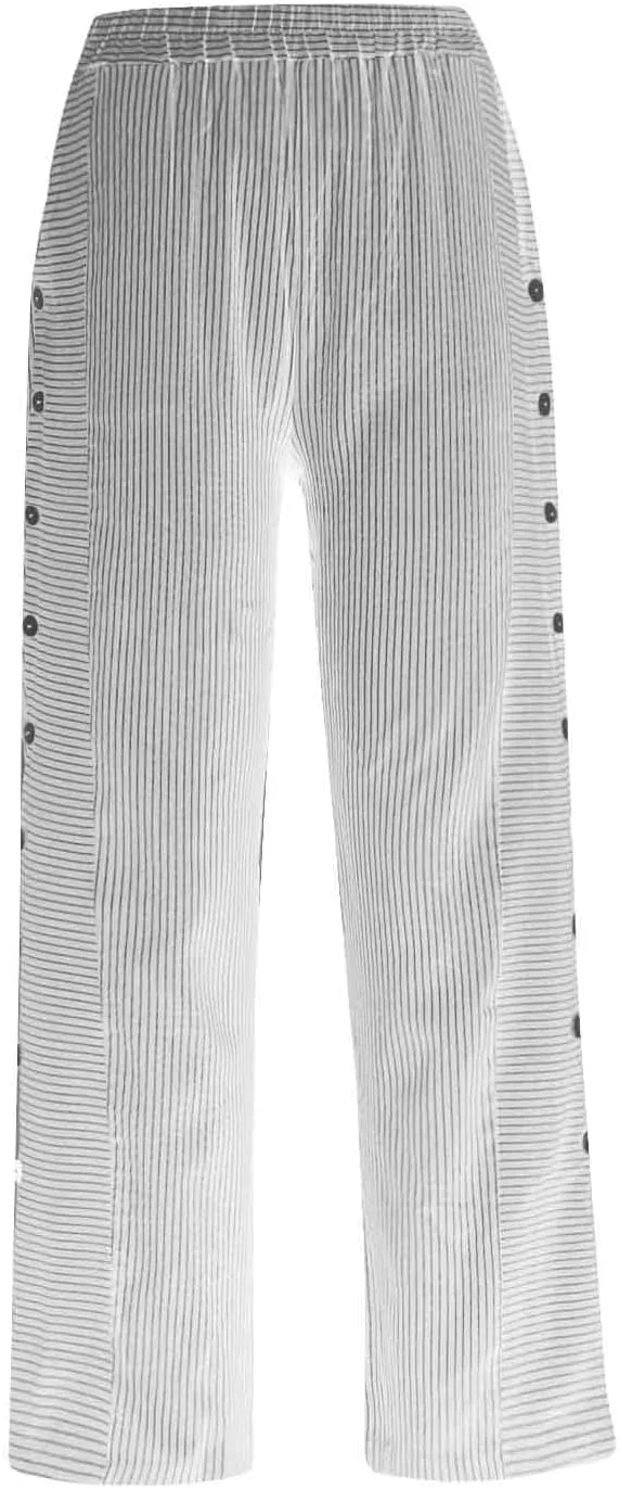 Side Button Pants Womens Striped Straight Leg Casual Pants Elastic Waist Baggy Trendy Trousers with Pocket