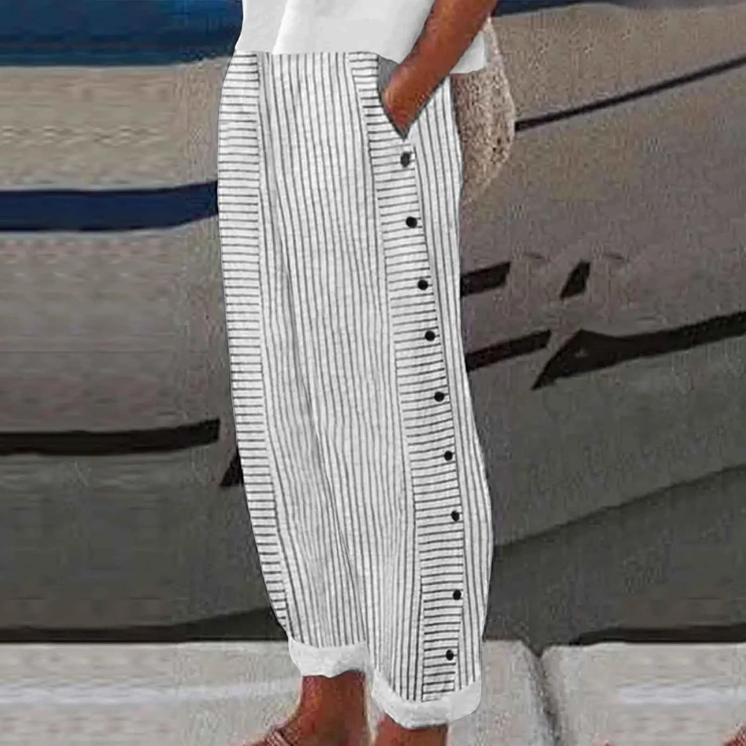 Side Button Pants Womens Striped Straight Leg Casual Pants Elastic Waist Baggy Trendy Trousers with Pocket