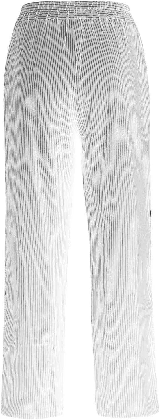 Side Button Pants Womens Striped Straight Leg Casual Pants Elastic Waist Baggy Trendy Trousers with Pocket