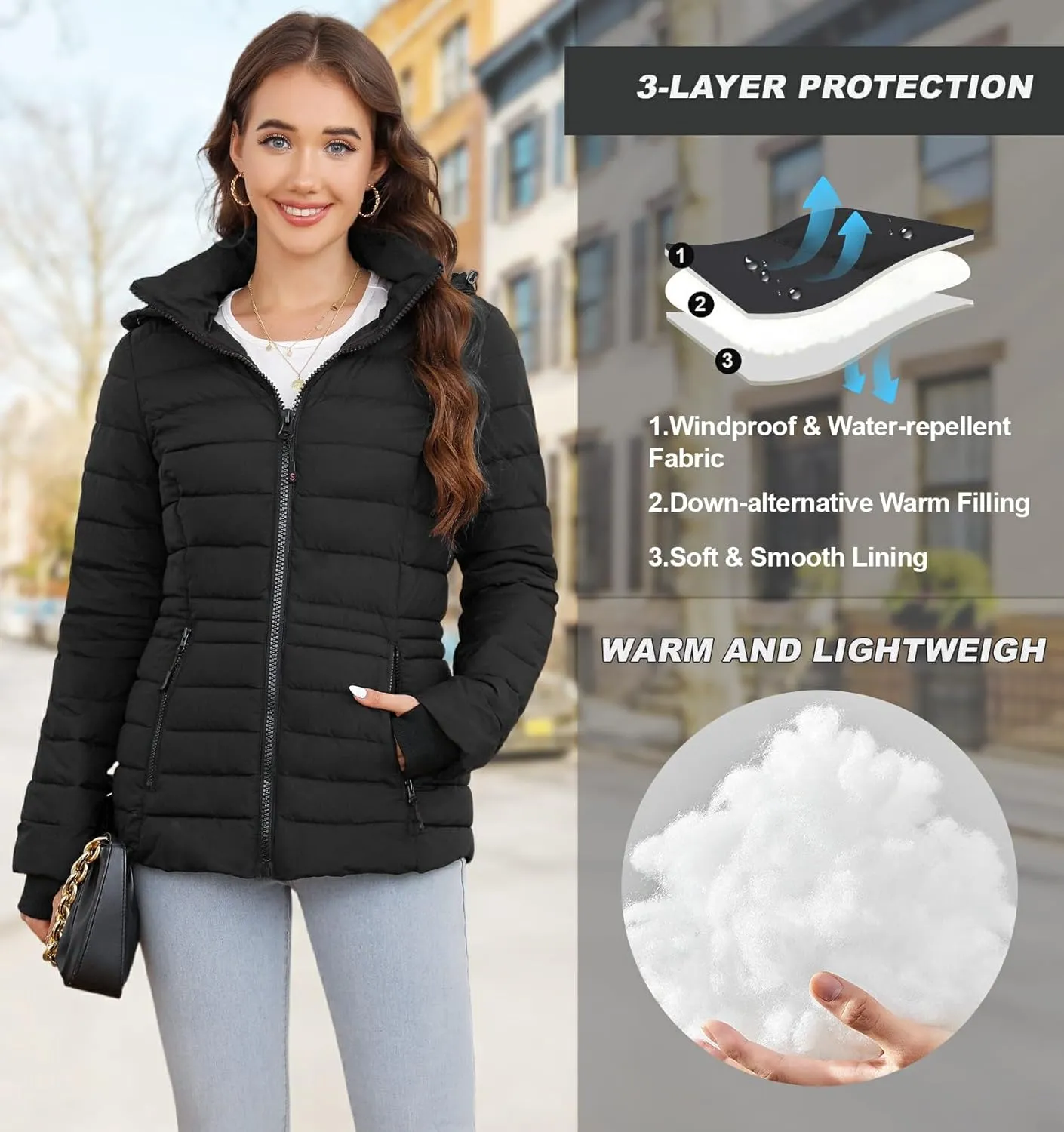 SLOWTOWN Womens Lightweight Puffer Jacket Packable Hooded Puffer Jacket Winter Puffy Coat