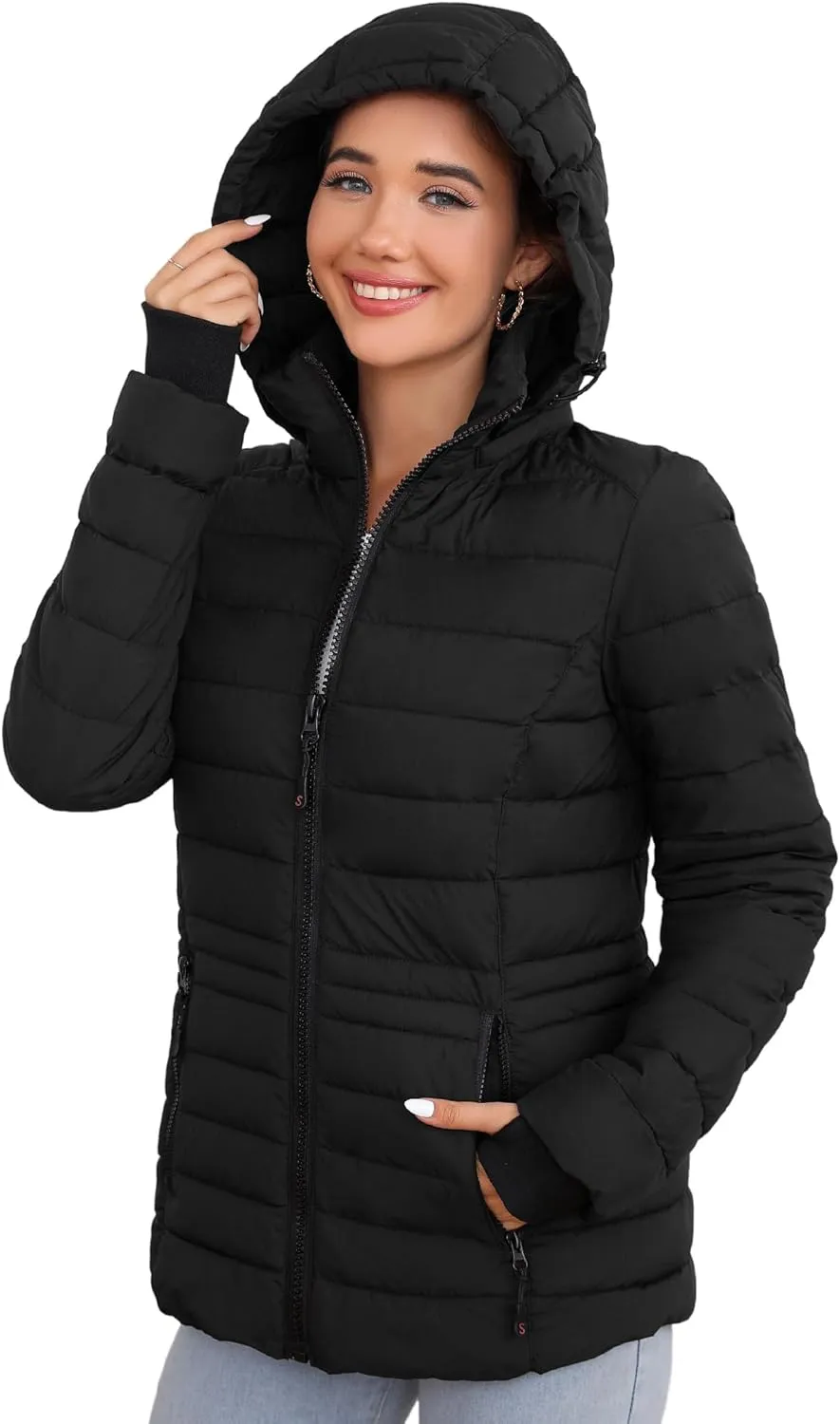 SLOWTOWN Womens Lightweight Puffer Jacket Packable Hooded Puffer Jacket Winter Puffy Coat