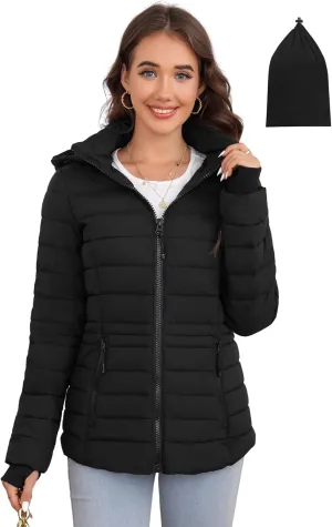 SLOWTOWN Womens Lightweight Puffer Jacket Packable Hooded Puffer Jacket Winter Puffy Coat