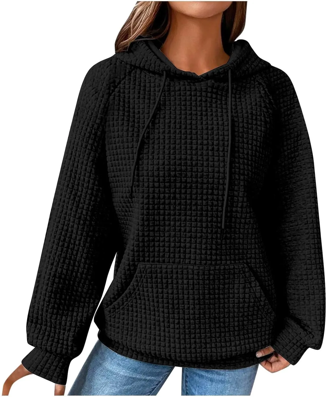 SMIDOW Oversized Hoodies For Women Trendy 2023 Waffle Knit Hooded Sweatshirt Casual Loose Fall Winter Pullover Tops