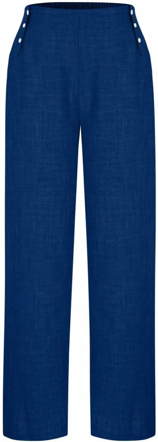 Solid Color Linen Pants for Women 2025 Summer Flowy High Waisted Beach Palazzo Trousers with Pockets