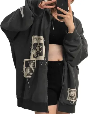 SOLILOQUY Women Zip Up Hoodie Y2k Vintage Graphic Oversized Hooded Sweatshirt Jacket Pullover Coats Harajuku Streetwear