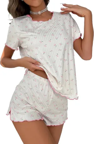 SOLY HUX Pajama Set for Women Cute Print Short Sleeve Tee and Shorts Lounge Sleepwear