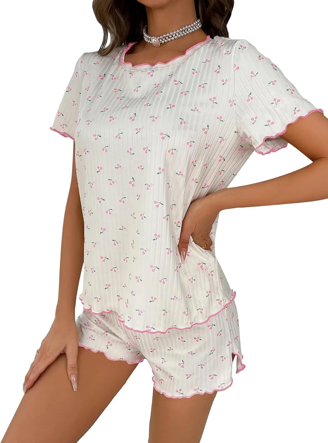 SOLY HUX Pajama Set for Women Cute Print Short Sleeve Tee and Shorts Lounge Sleepwear