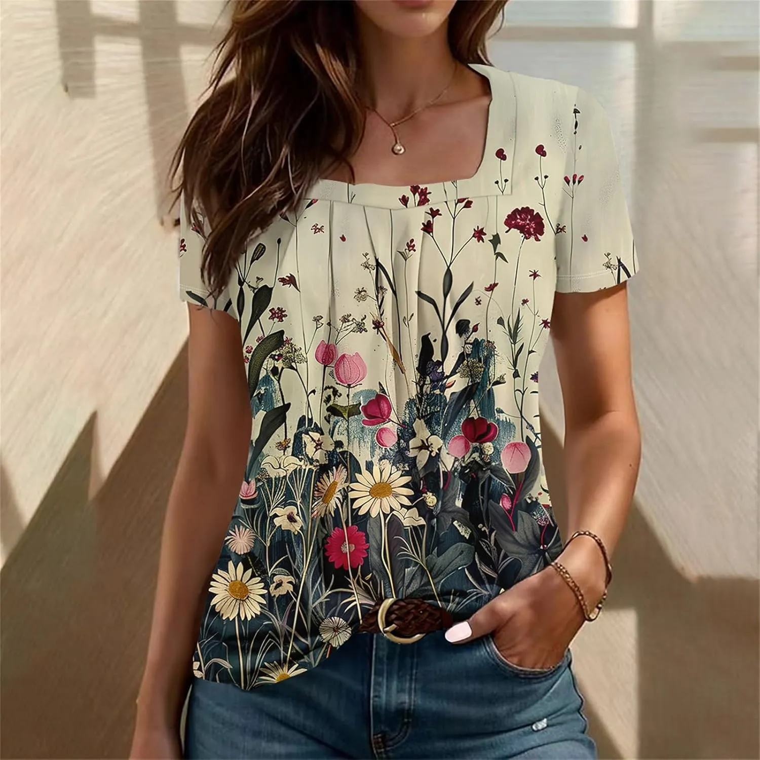Square Neck Tops for Women Soft Cotton Short Sleeve Shirt Loose Fit Front Pleated Tops 2024 Trendy Summer Graphic Tee