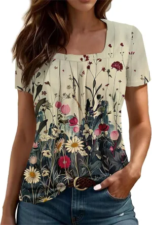 Square Neck Tops for Women Soft Cotton Short Sleeve Shirt Loose Fit Front Pleated Tops 2024 Trendy Summer Graphic Tee