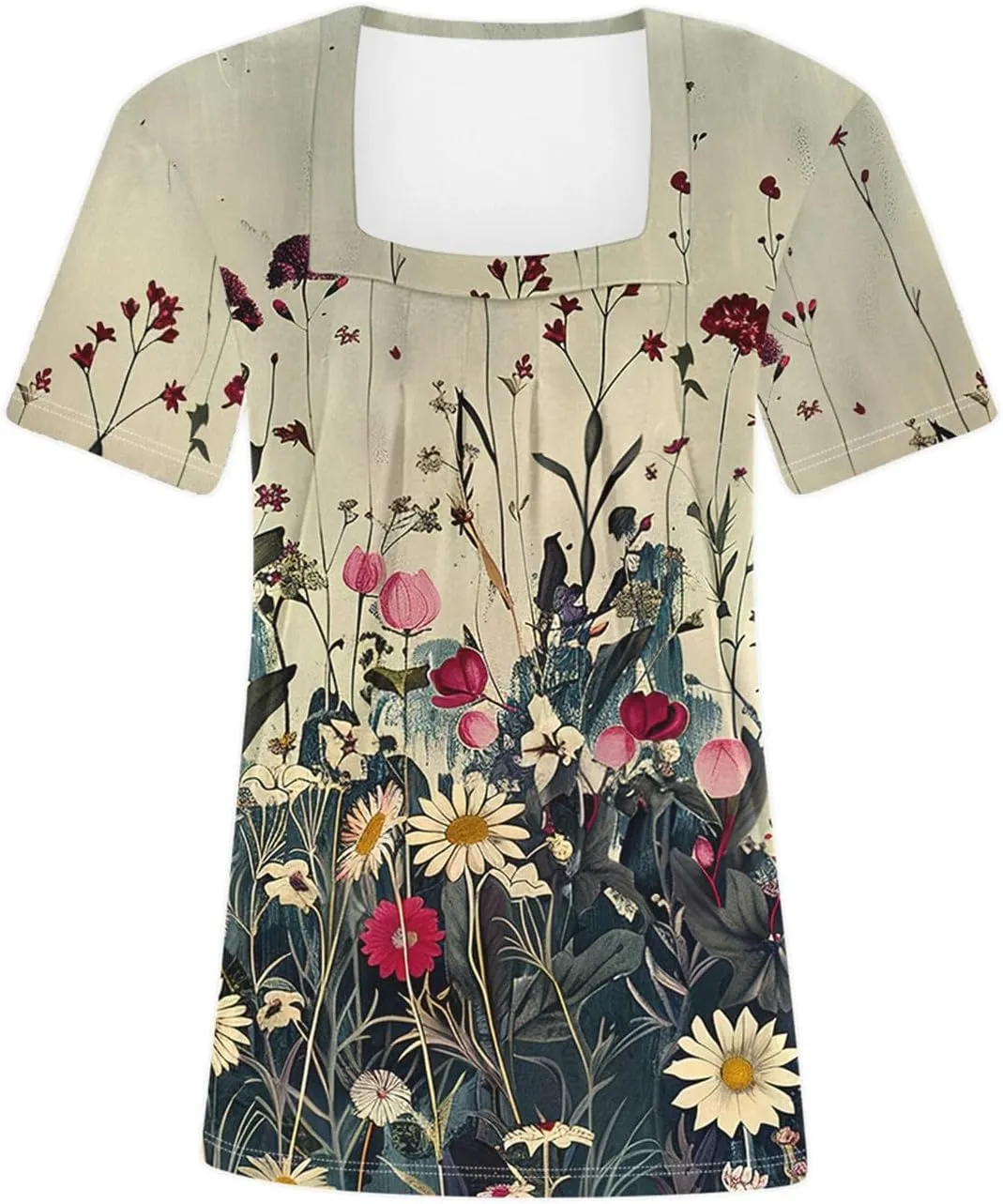 Square Neck Tops for Women Soft Cotton Short Sleeve Shirt Loose Fit Front Pleated Tops 2024 Trendy Summer Graphic Tee